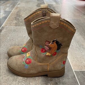 Kids Brown Cowboy Boots with Floral and Character Design